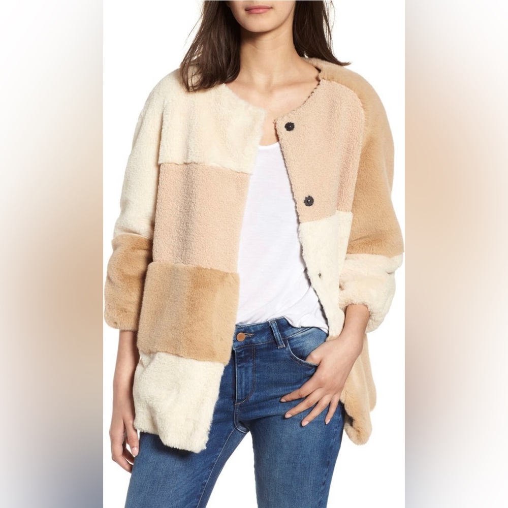 NWT *BCBGeneration* Faux Fur Jacket … *PATCHWORK* … Cream•Tan … Size: M